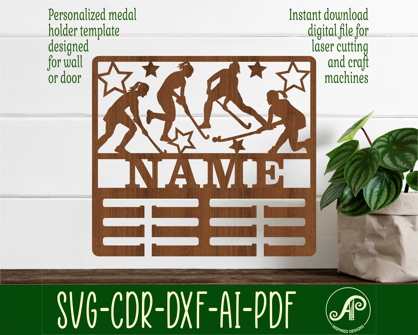 Field hockey female medal holder sign. SVG / DXF / AI / PDF / CDR