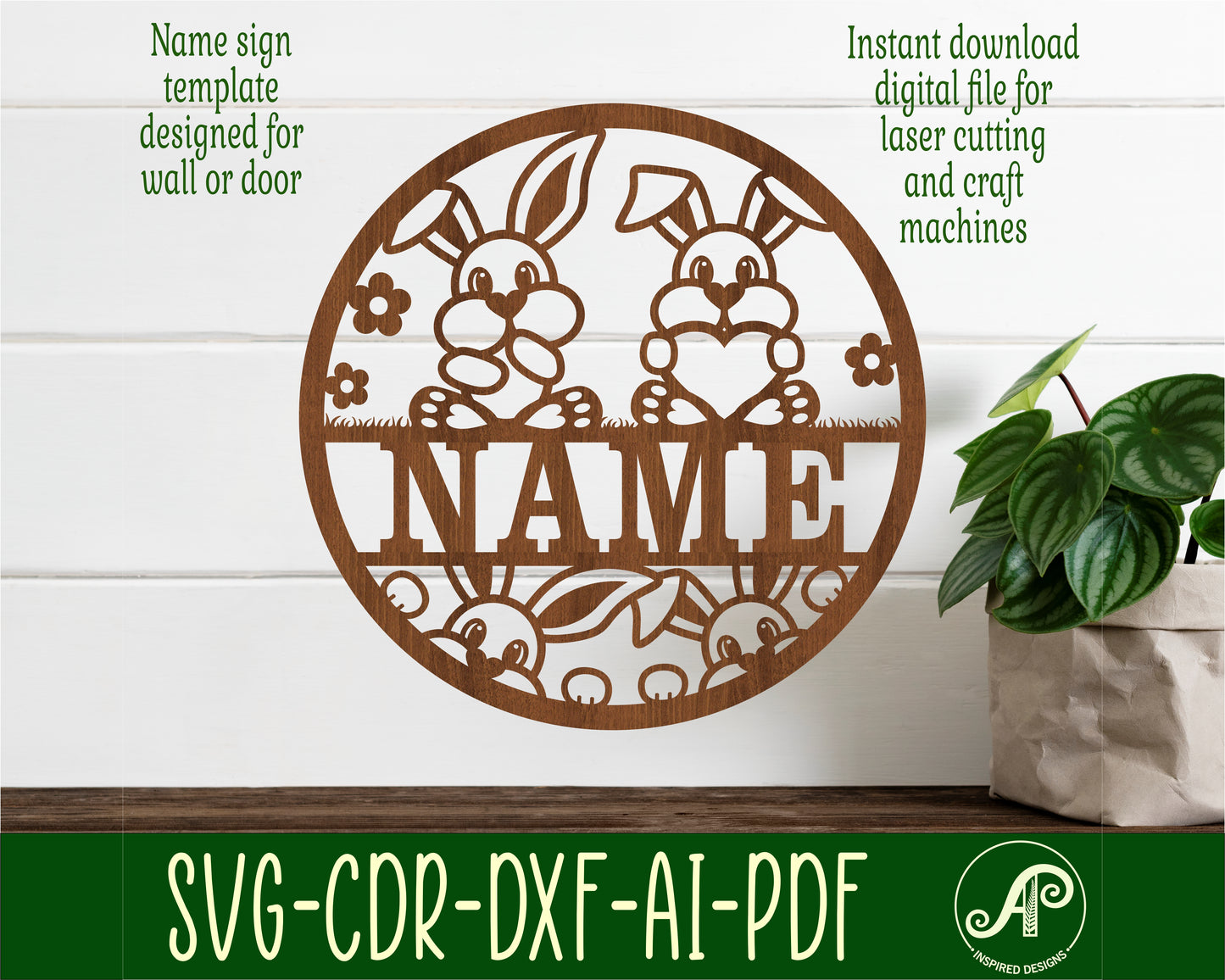 Bunnies name wall sign. SVG / DXF / AI / PDF / CDR