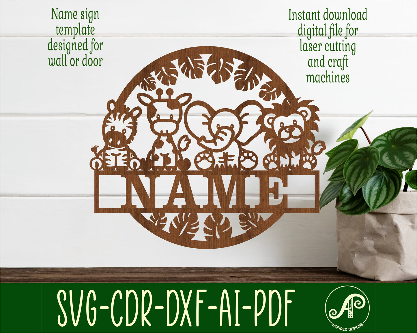 Cute Safari animals nursery name sign. SVG / DXF / AI / PDF / CDR