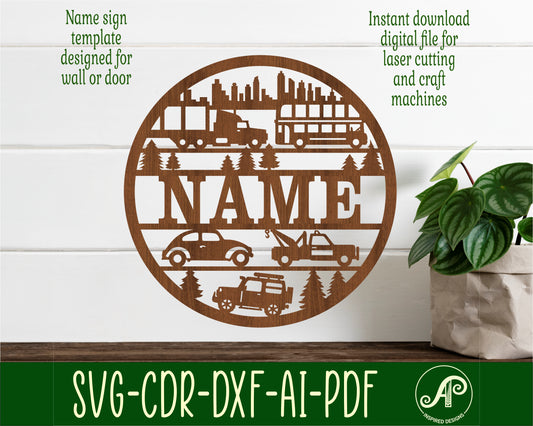 City scene cars and trucks name wall sign. SVG / DXF / AI / PDF / CDR