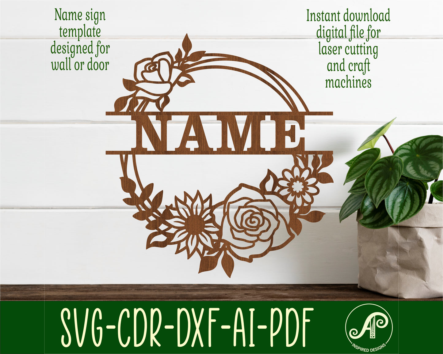 Floral name wall sign. SVG / DXF / AI / PDF / CDR