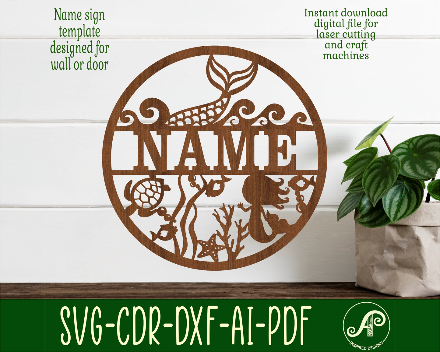 Mermaid name wall sign. SVG / DXF / AI / PDF / CDR