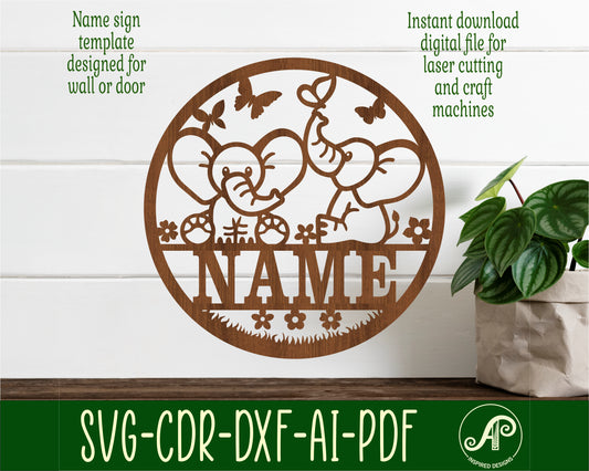 Cute Elephants name wall sign. SVG / DXF / AI / PDF / CDR