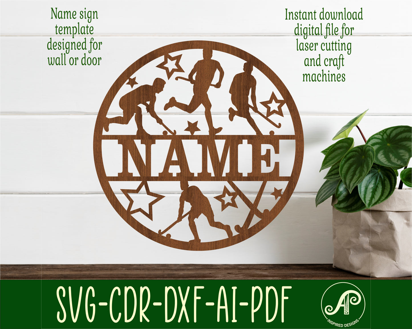 Field hockey male name wall sign. SVG / DXF / AI / PDF / CDR