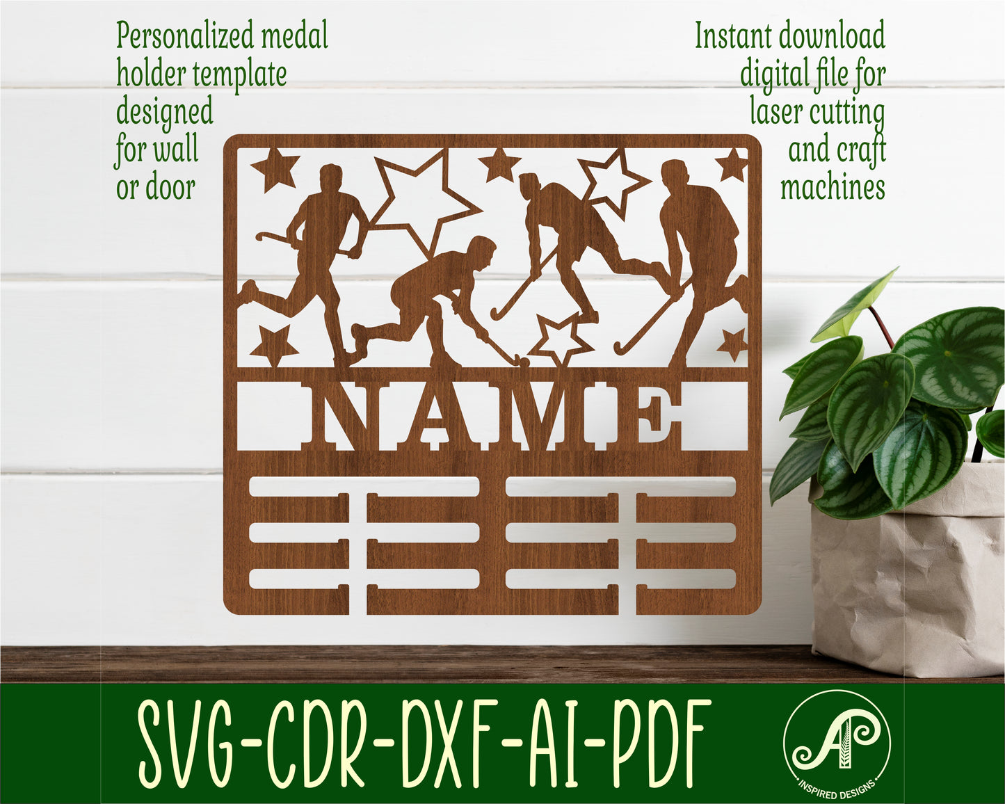 Field hockey male medal holder sign. SVG / DXF / AI / PDF / CDR