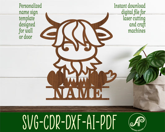 Cute Highland cow shape name sign SVG / DXF / AI / PDF / CDR