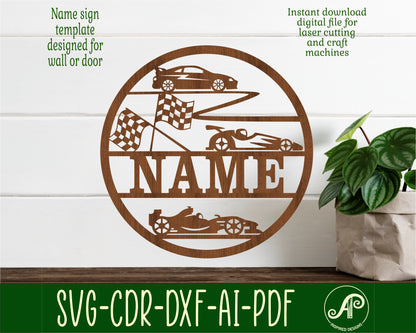 Racing cars name wall sign. SVG / DXF / AI / PDF / CDR