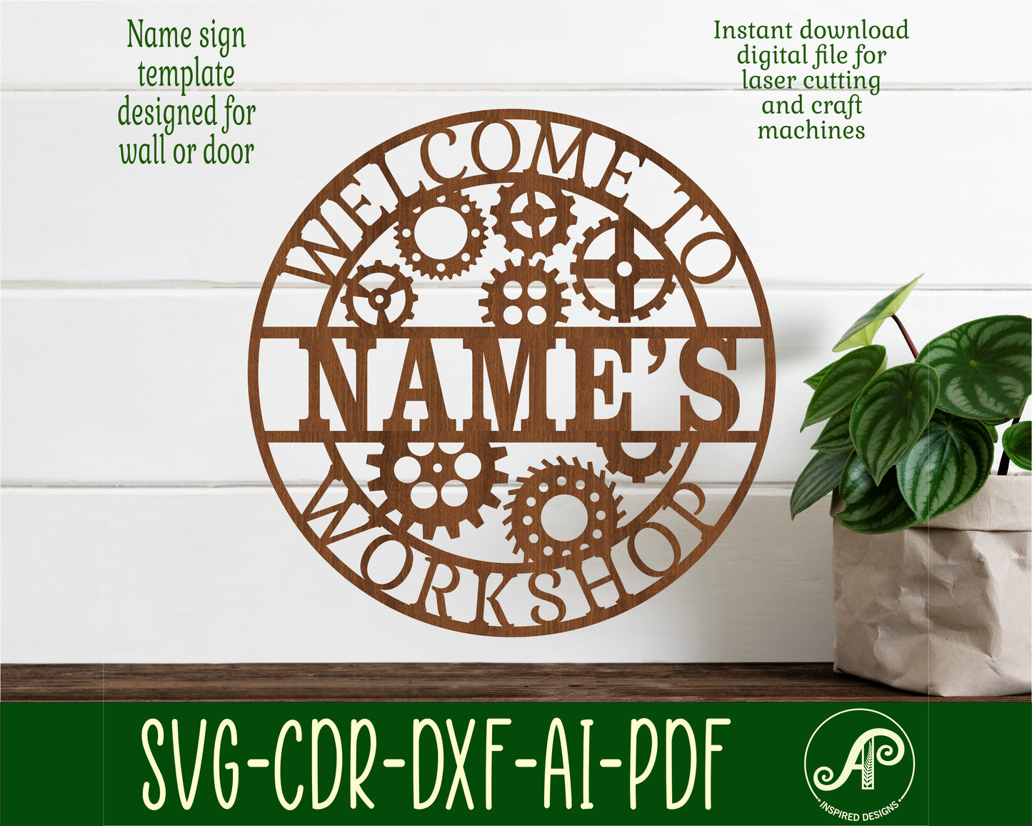 Workshop gears name wall sign. SVG / DXF / AI / PDF / CDR