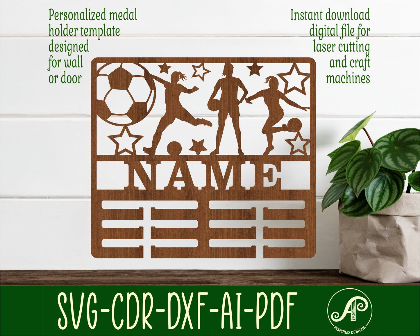 Soccer female medal holder sign. SVG / DXF / AI / PDF / CDR