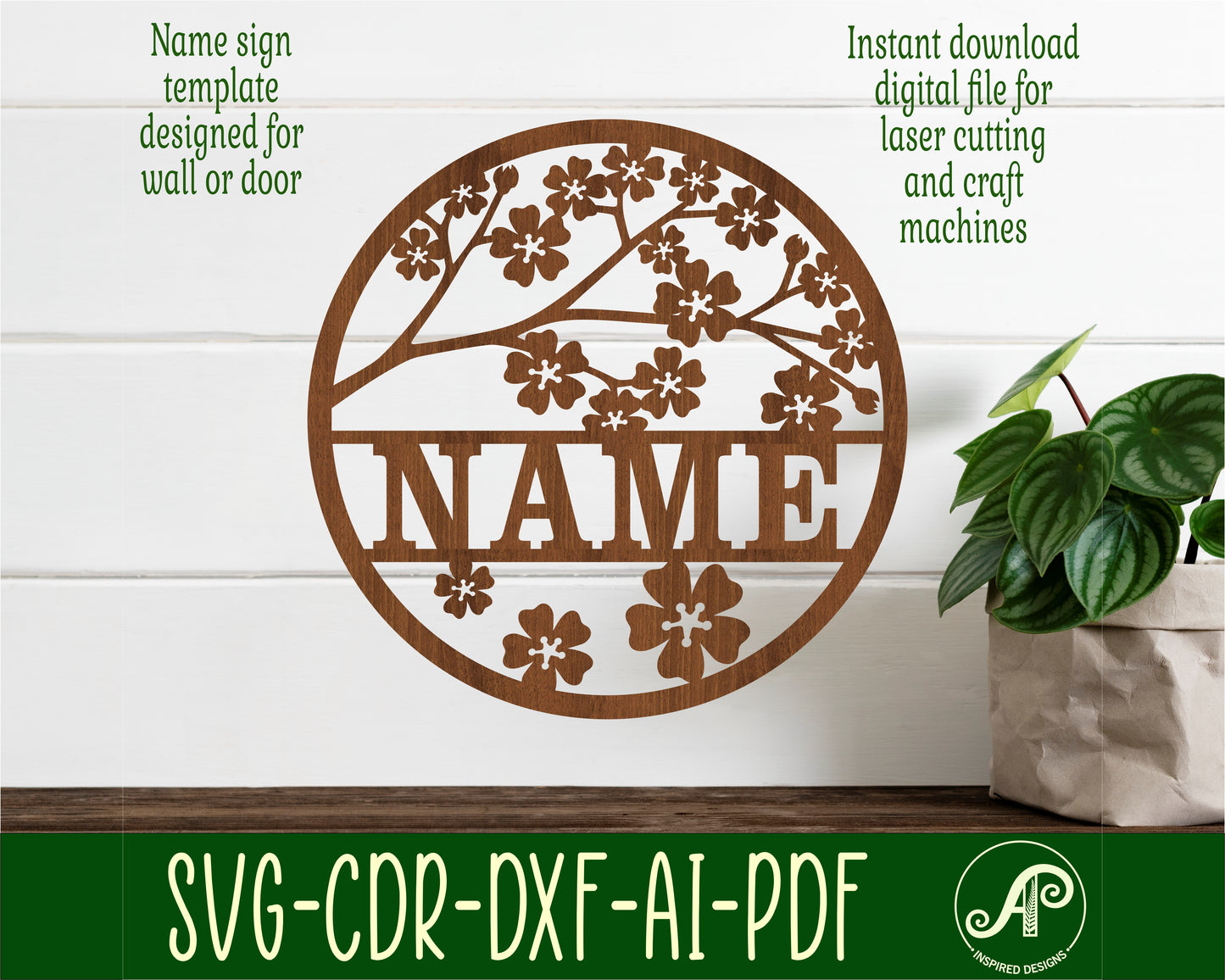 Cherry blossom name wall sign. SVG / DXF / AI / PDF / CDR