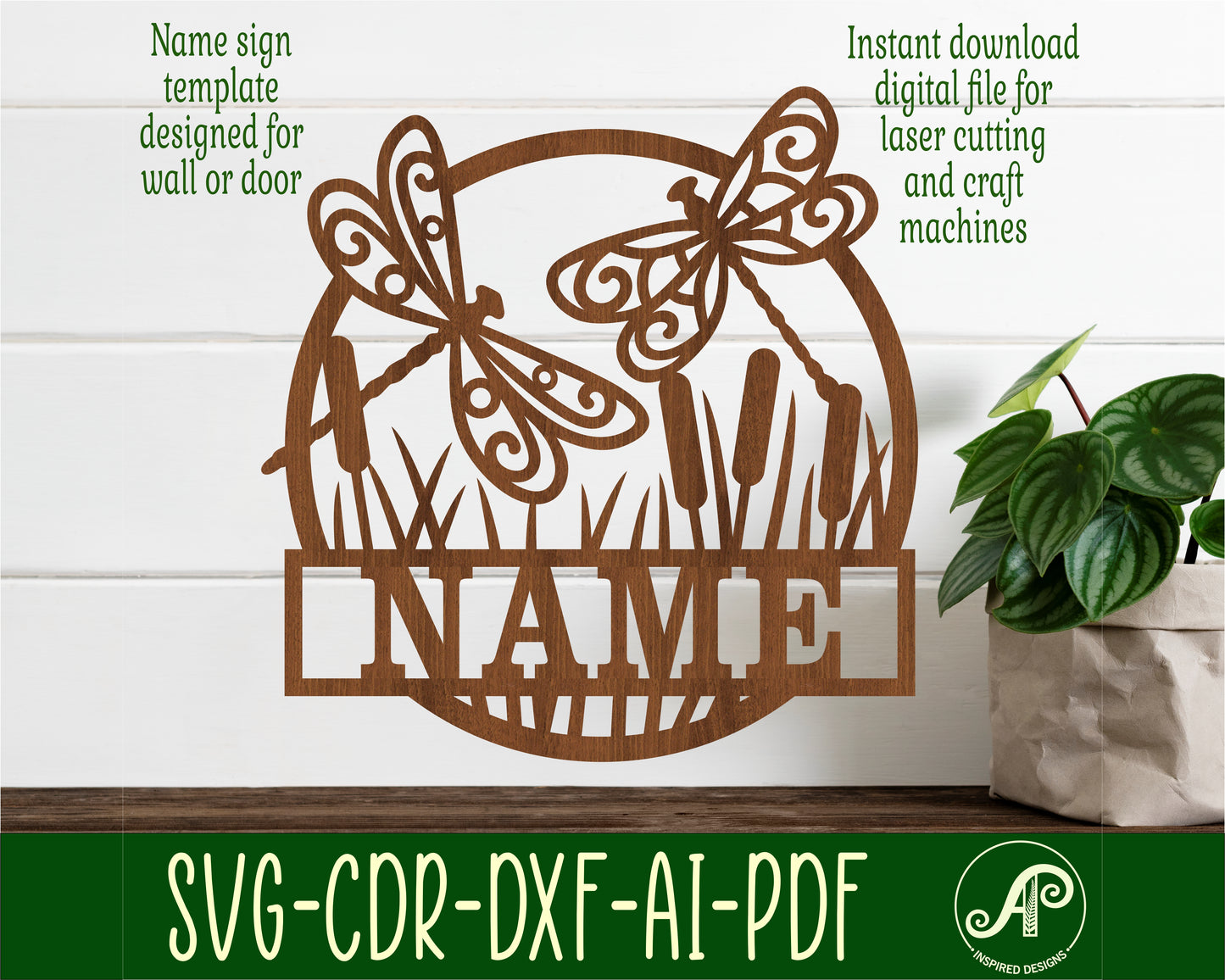 Dragonfly name wall sign. SVG / DXF / AI / PDF / CDR