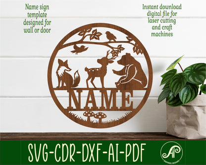 Woodland animals name wall sign. SVG / DXF / AI / PDF / CDR