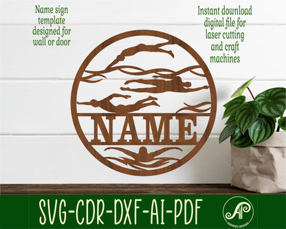 Swimmer male name wall sign. SVG / DXF / AI / PDF / CDR