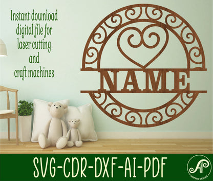 Heart name wall sign. SVG / DXF / AI / PDF / CDR