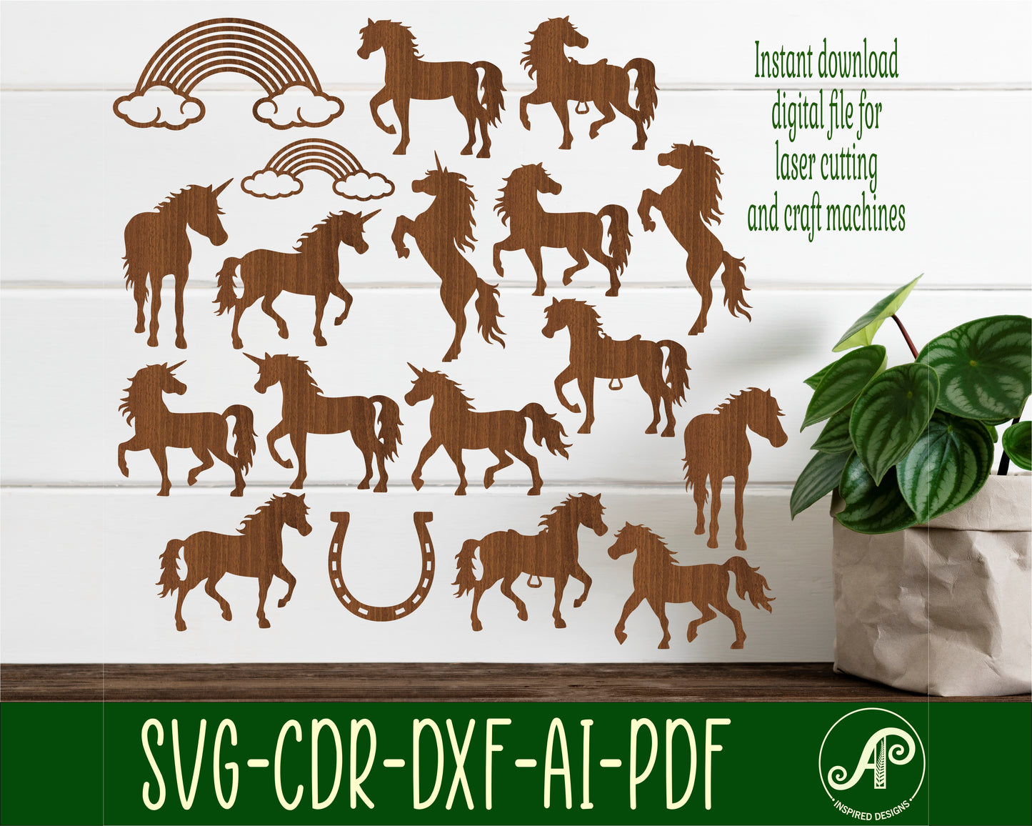 Horse and unicorn designs, 18 silhouette shapes