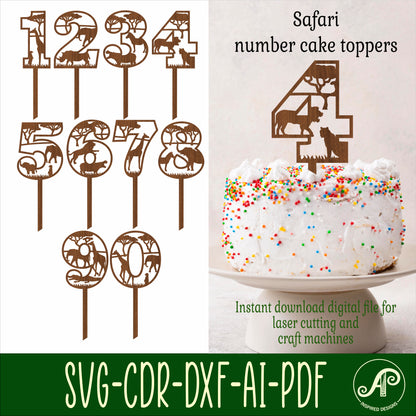 Safari animal number cake toppers design SVG / DXF / AI / PDF / CDR