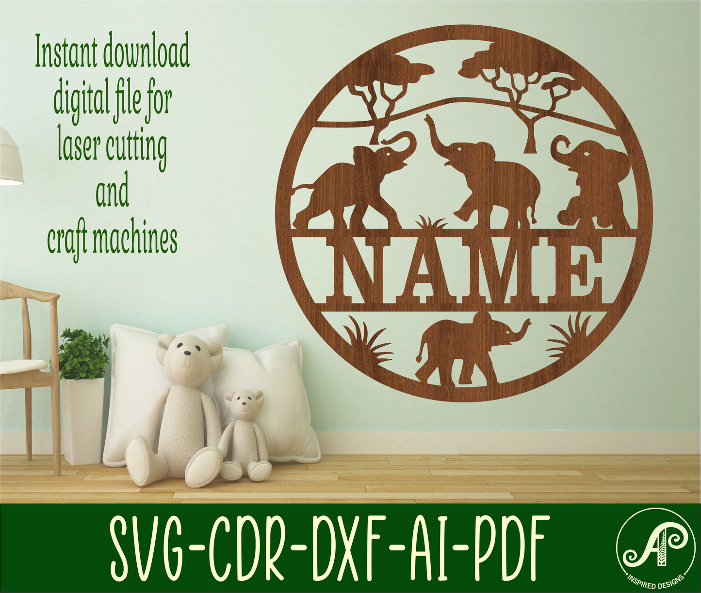 Baby Elephants name wall sign. SVG / DXF / AI / PDF / CDR