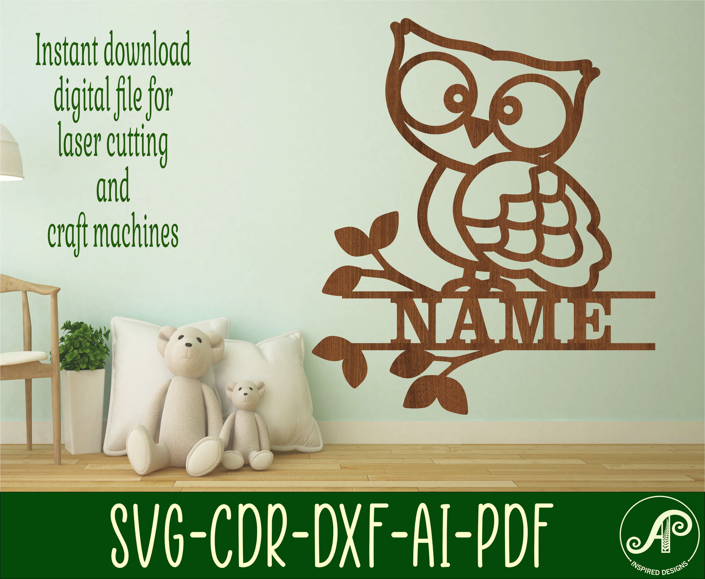 Owl shape name sign SVG / DXF / AI / PDF / CDR