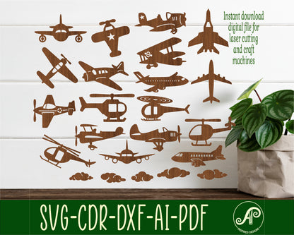 Planes and helicopters designs, 18 silhouette shapes