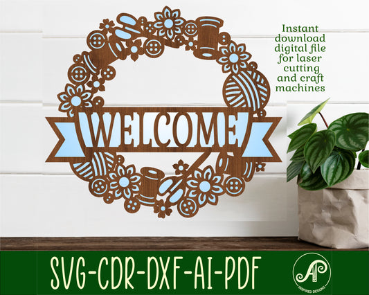 Sewing wreath name wall sign. SVG / DXF / AI / PDF / CDR