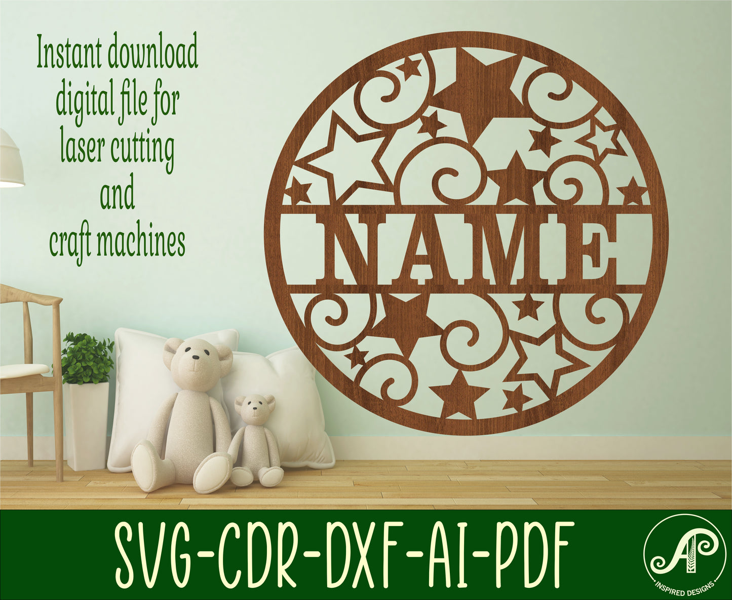 Stars and swirls name wall sign. SVG / DXF / AI / PDF / CDR