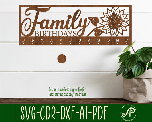 Family birthday calendar sunflower design  SVG / DXF / AI / PDF / CDR